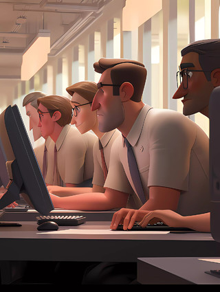 皮克斯风格帅团队作人员在电脑前办公场景